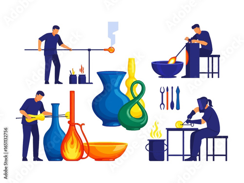 Art of Glassblowing: A visual depiction of diverse glassblowing craft, featuring artisans meticulously shaping molten glass into elegant forms, showcasing skill, artistry.