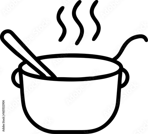 A steaming hot soup pot with a ladle perfect for culinary promotions restaurant menus and food service advertisements showcasing warmth and deliciousness