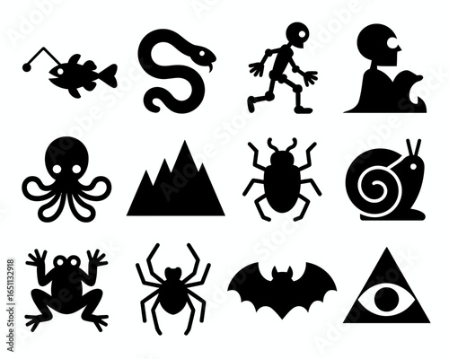 Collection of twelve diverse black silhouette icons isolated on white background