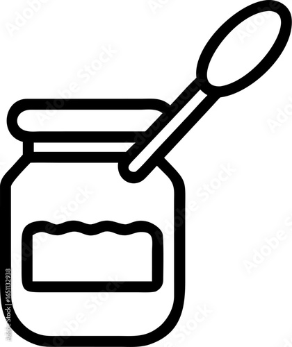 A delicious glass jar filled with sweet jam complete with a shiny metal spoon resting inside perfect for breakfast spreads and baking