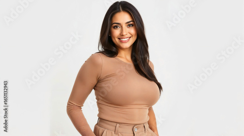 Elegant plus-size brunette model in a black dress smiling confidently in a graceful studio pose