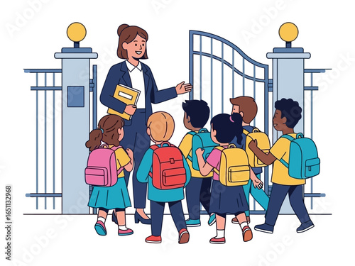 Welcome to School: A welcoming teacher greets a group of diverse students at the school entrance, symbolizing education and opportunity for all in a clean and inviting illustration.