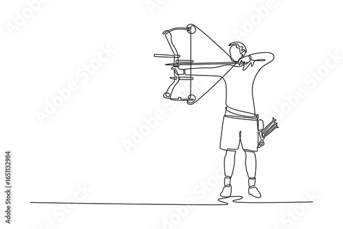 One line drawing side view of male archer aims his compound bow and arrow, capturing the intense concentration and skill required for the sport. Continuous line draw design graphic vector illustration