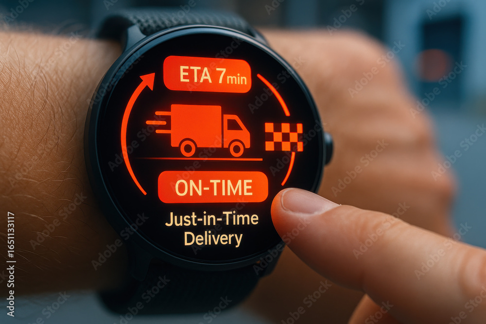 Fototapeta premium Smartwatch delivery tracking screen showing estimated time and on time status