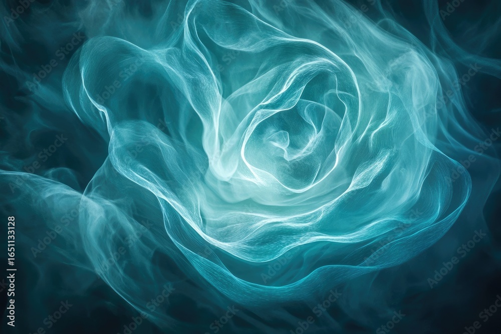 Fototapeta premium Abstract, ethereal image of teal and white swirling smoke forming a rose-like shape against a dark background, creating a dreamlike atmosphere.