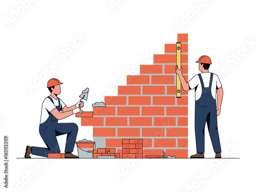 Bricklaying Precision: Two bricklayers meticulously construct a wall, demonstrating expertise and precision.