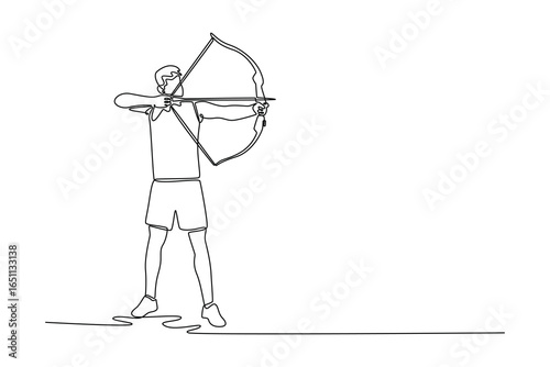 Continuous line drawing young man aiming with a bow and arrow. Representing the sport of archery, focus, precision, and skill. Concentration and physical form required for archery. Vector illustration