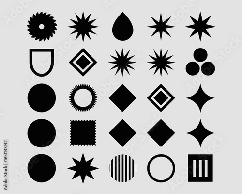 Collection of geometric and abstract black silhouettes isolated on white background