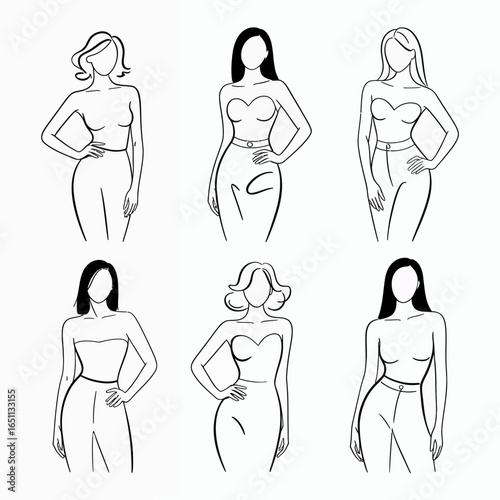 Collection of six elegant female silhouettes in fashionable outfits isolated on white background silhouette