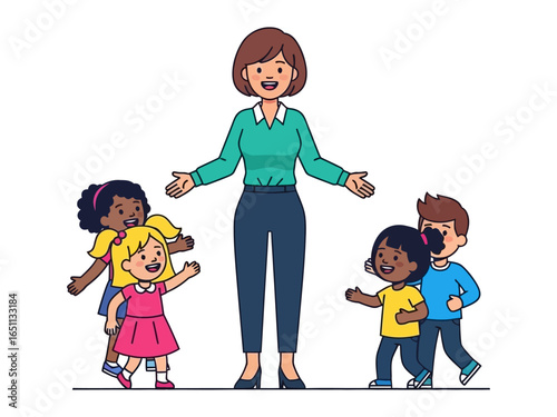 Teacher and Students: A caring teacher welcomes a group of diverse, cheerful children with open arms, creating an inviting atmosphere and encouraging learning. 