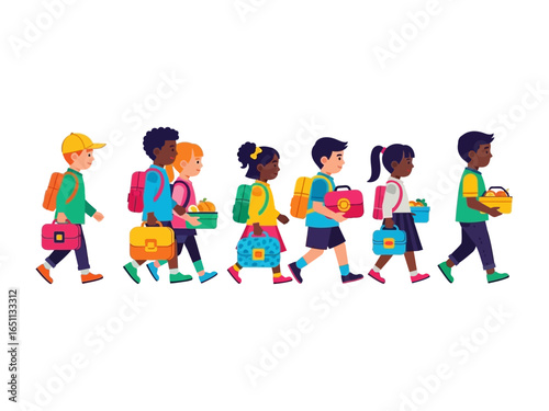 School Day Stroll: A charming illustration captures a group of children, backpacks and lunchboxes in hand, walking together.
