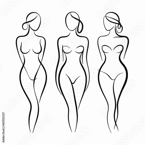 Three stylized female figures showcasing different body shapes silhouette isolated on white background