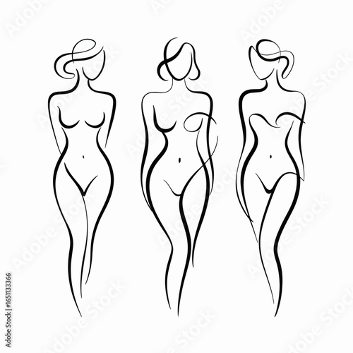 Three elegant female body silhouettes in a minimalist line art style isolated on white background