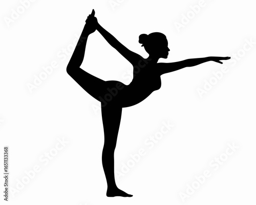 Graceful silhouette of a woman performing yoga dancer pose isolated on white background