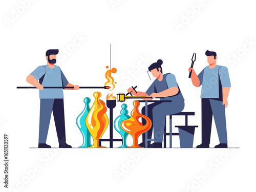 Artisan Glassblowing: A team of skilled artisans diligently crafts intricate glass sculptures, embodying the art of glassblowing through detailed illustration. 