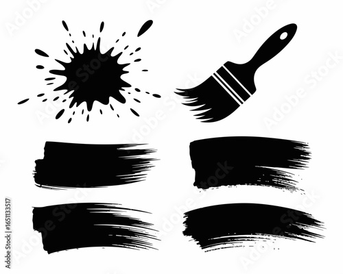 Collection of black paint splatter brush strokes and paintbrush silhouette isolated on white background