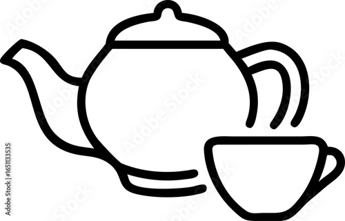 Classic ceramic tea pot and matching cup illustration perfect for beverage related designs cafe branding or cozy kitchen decor presented as a clean vector graphic