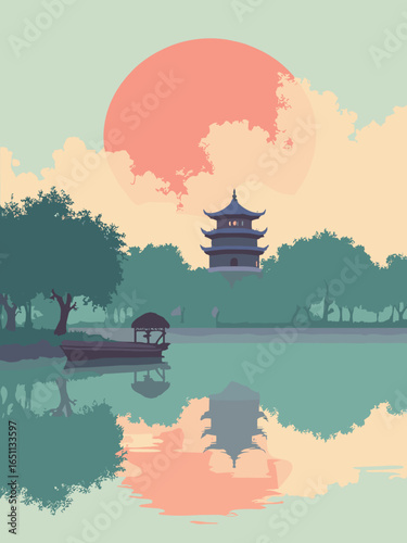Hanoi – Hoàn Kiếm Lake with Turtle Tower and willow reflections at dawn, palette: jade green, lacquer red, mist white, stone
