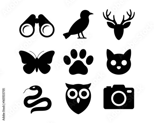 Collection of nine black animal and nature silhouette icons isolated on white background