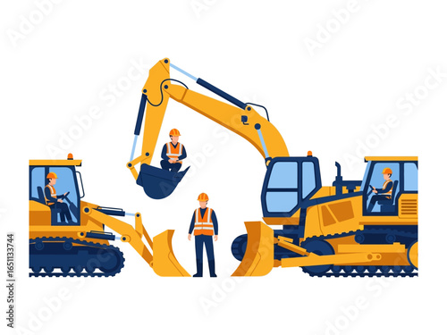 Heavy Machinery Site: A meticulously rendered illustration showcasing construction site, with an array of heavy machinery ready to operate, from a sturdy bulldozer to a dynamic excavator