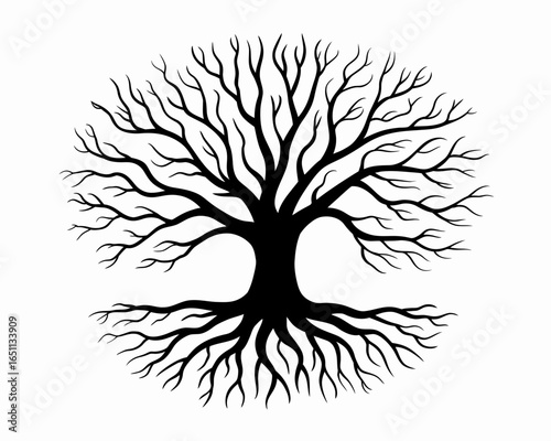 Stylized black tree silhouette with intricate branches and roots isolated on white background