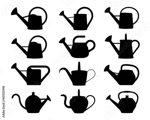Collection of various watering can silhouettes isolated on white background