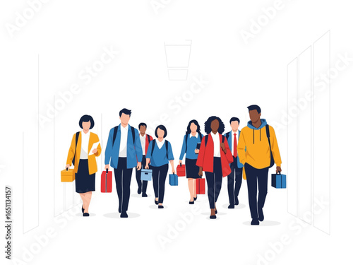A diverse group of individuals walking together with bags: a diverse group of individuals, each with a unique sense of style, walk together, each carrying their own bags.
