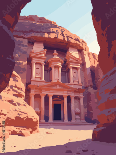 Petra (Jordan) – Treasury façade carved in rose rock canyon light, palette: rose sandstone, ochre, shadow umber, sky pale
