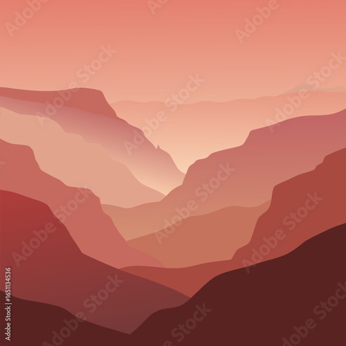 Misty canyon landscape with deep brown gradient background