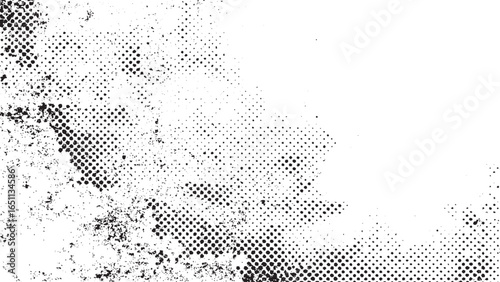 Abstract black spots splashes and dotted marks on white grunge surface. Black and white grunge halftone dots with splashes and paint marks