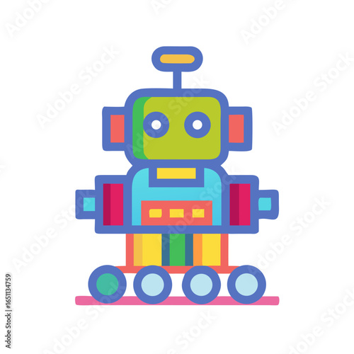 Colorful robot toy with wheels in a playful design  