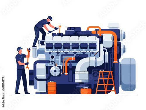 Engine Maintenance by Mechanic: A dynamic illustration showcases two skilled mechanics diligently working to repair and maintain a complex engine.
