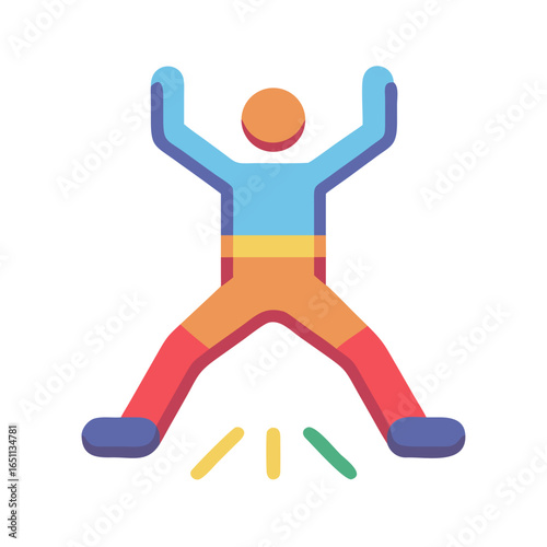 Colorful abstract figure celebrating with arms raised and legs apart  