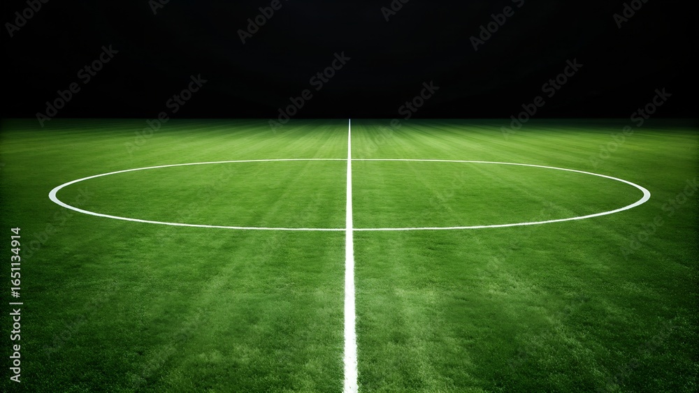 Obraz premium Soccer Field Center Circle at Night | Kickoff Zone, Green Turf, Game Start Visual