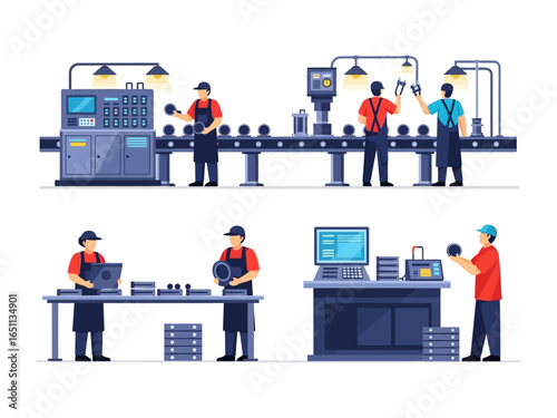 Assembly Line Production: A vibrant illustration capturing the dynamism of an assembly line, with diverse workers diligently managing machinery and products in a detailed industrial setting. 