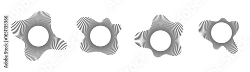 Circular sound wave patterns with radial lines for audio visualization and music graphics. Black geometric shapes with center voids - acoustic energy spreading outward for modern design interfaces.