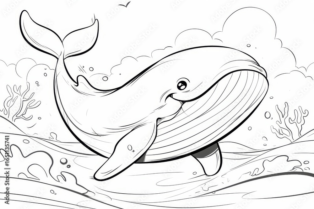 Obraz premium Basic black and white sketch of a smiling whale swimming in the ocean with waves and a simple background, perfect for kids' coloring with easy-to-follow outlines.
