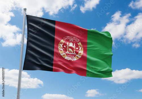 Majestic Afghan flag waves proudly against a clear blue sky with soft white clouds.