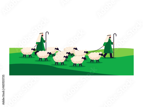 Shepherds and Flock in the Green Meadow: An illustration featuring two shepherds guiding a flock of sheep across a lush green meadow. The scene conveys a sense of pastoral life and tranquility.