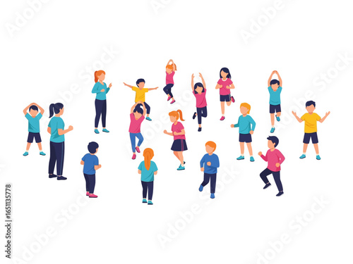 Energetic group of children dancing and playing: A vibrant collection of children radiate joy and activity as they are engrossed in playing and dancing.