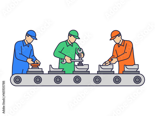 Industrial Assembly Line: Three workers collaborate on a factory assembly line, meticulously crafting products. A testament to industrial efficiency and teamwork. 