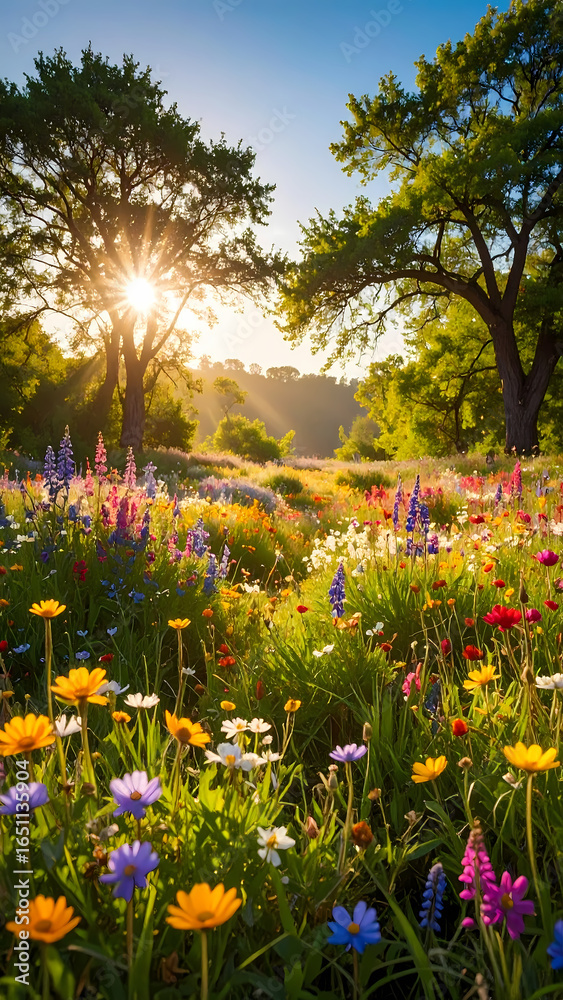 Obraz premium Serene meadow with colorful wildflower blooming in field at sunrise. Warm sunlight and golden sunbeam through tree create peaceful scene