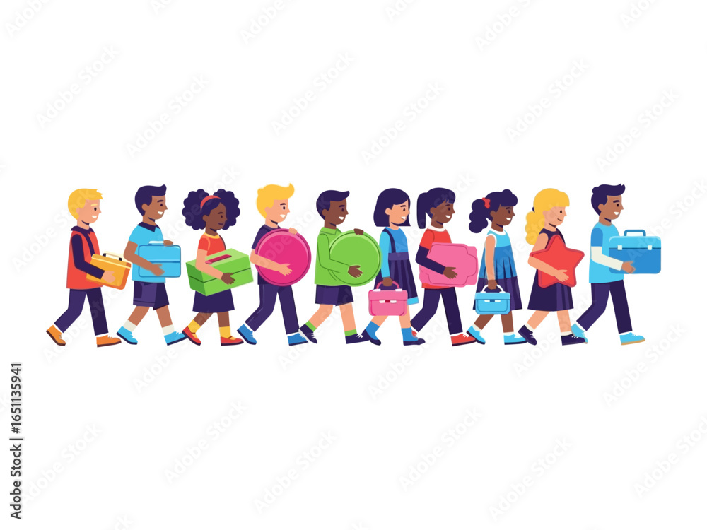 Schoolbound: An illustrated scene captures the essence of a diverse group of children, backpacks in tow, marching towards the future with their bags. Schoolbound: An illustrated scene captures the essence of a diverse group of children, backpacks in tow, marching towards the future with their bags.
