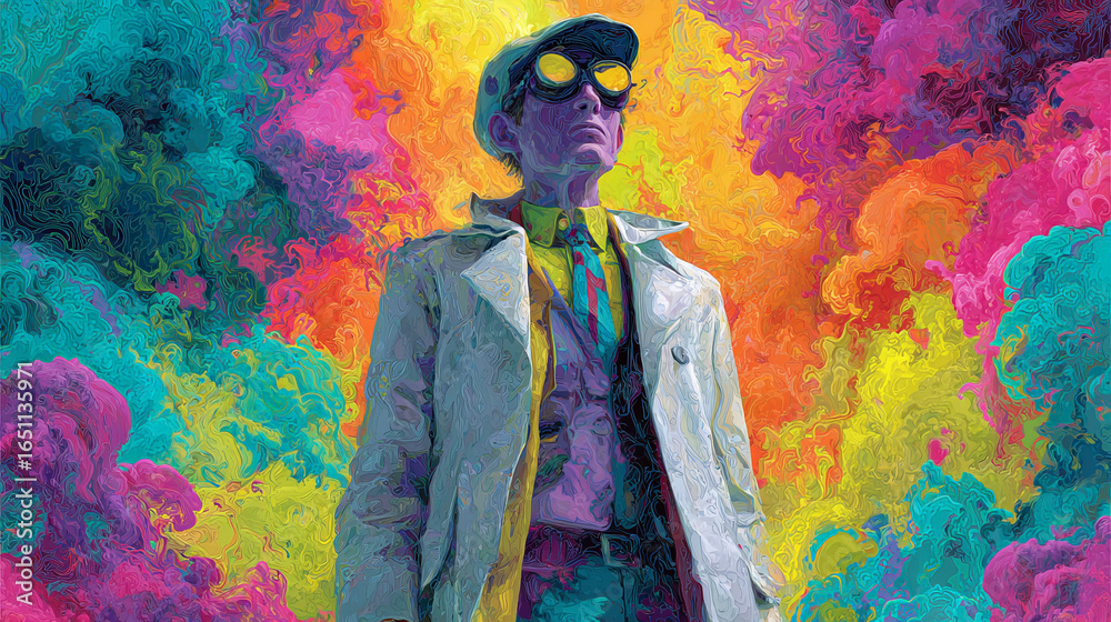 Obraz premium Confident character in cool coat and sunglasses stands before an explosion of vibrant colorful powder. surreal, fashionable, psychedelic background for creative concept