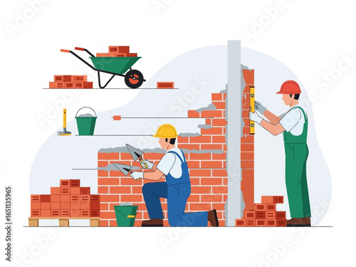 Bricklayer at work: The image features a vibrant construction scene, two skilled bricklayers meticulously laying bricks to erect a robust wall. Amidst a backdrop of essential tools and materials.
