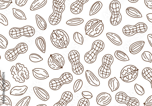 Seamless pattern with nuts: walnuts, peanuts, and almonds on a white background.