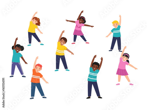 Kids Stretching Out: Playful illustrations of diverse children are engaged in lively stretching exercises, promoting health and wellness.