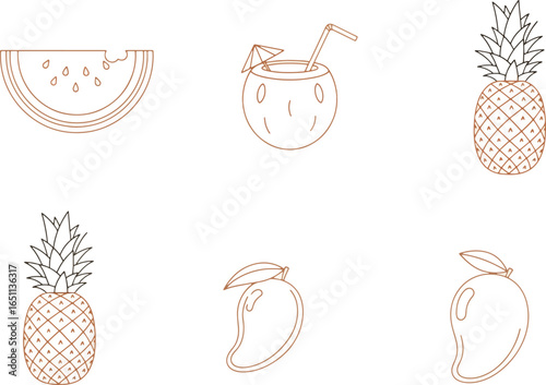 Line art of tropical fruits: watermelon, coconut drink, pineapple, and mango.