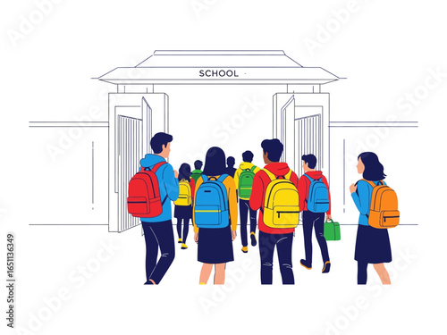 School Entry: Students walk into the school gateway. the illustration captured from a unique perspective that celebrates the promise of learning and the bright future.