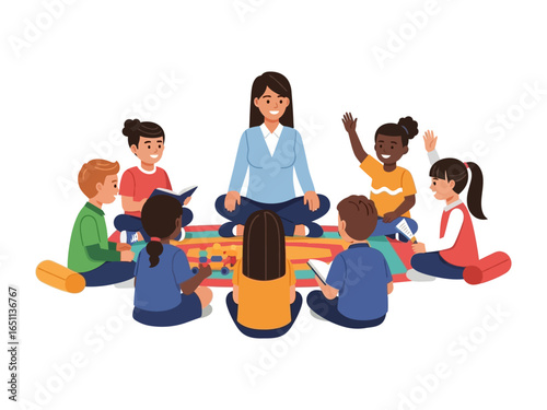 Education Circle: a dedicated educator nurtures young minds in a vibrant classroom scene, cultivating an atmosphere of learning, respect, and personal growth.
